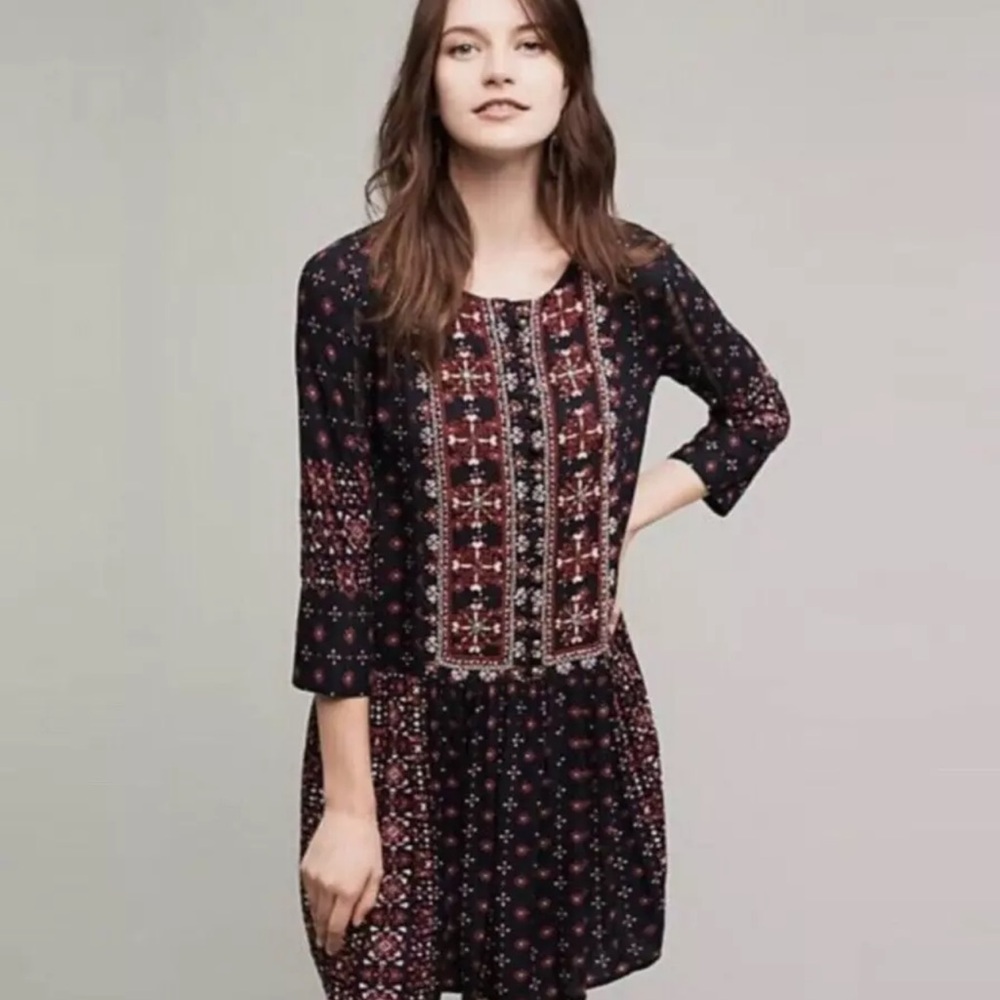 Anthropology VanessaVirginia Navy/Fuchsia/Cream embroidered drop waist dress S